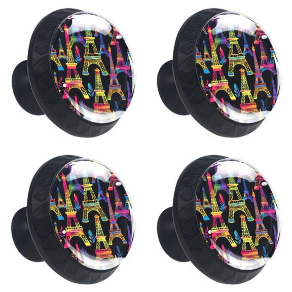4 Pcs Colorful Eiffer Tower Print Cabinet Knobs 30mm Round Crystal Glass Drawer Handles Pulls with Screws for Kitchen Cupboard Wardrobe Closet Dresser, Home&Office