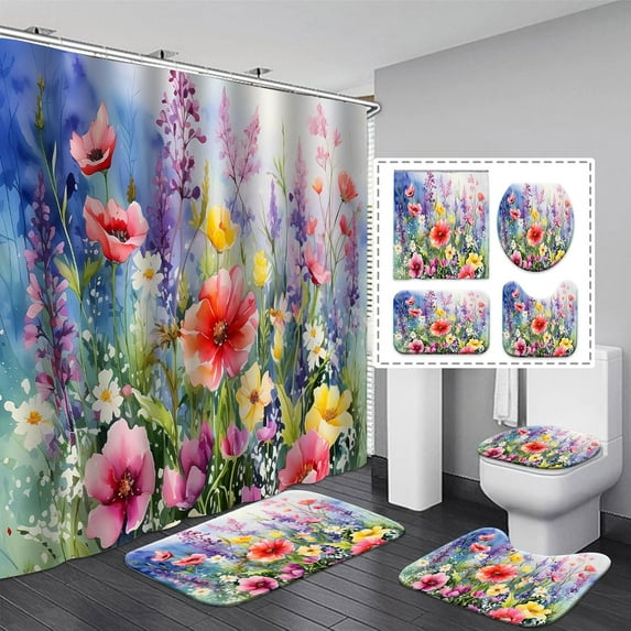 4 Pcs Colorful Gaming Shower Curtain Set for Boys Bathroom Decor Watercolor Gamepad Controller Bath Curtain with Anti-Slip Mat Kids Graffiti Game Shower 70.8x70.8in