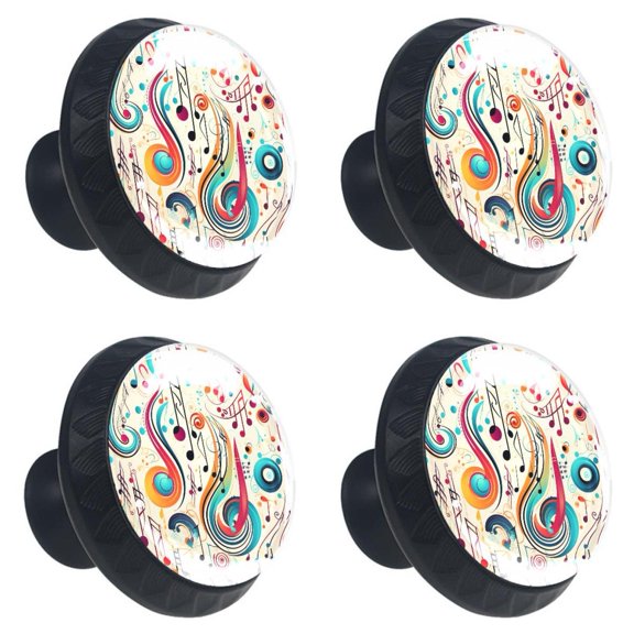 4 Pcs Colorful Music Notes Print Cabinet Knobs 30mm Round Crystal Glass Drawer Handles Pulls with Screws for Kitchen Cupboard Wardrobe Closet Dresser, Home&Office