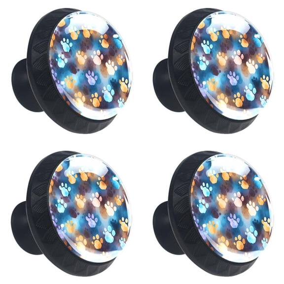 4 Pcs Colorful Paw Footprints Print Cabinet Knobs 30mm Round Crystal Glass Drawer Handles Pulls with Screws for Kitchen Cupboard Wardrobe Closet Dresser, Home&Office