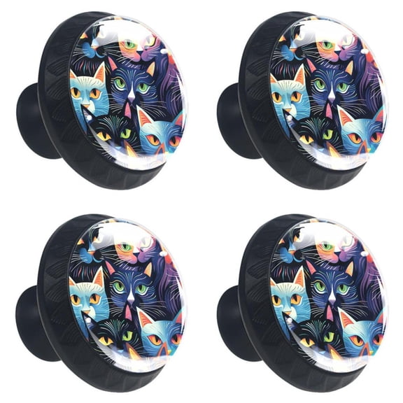 4 Pcs Colorful Seamless Cats Print Cabinet Knobs 30mm Round Crystal Glass Drawer Handles Pulls with Screws for Kitchen Cupboard Wardrobe Closet Dresser, Home&Office