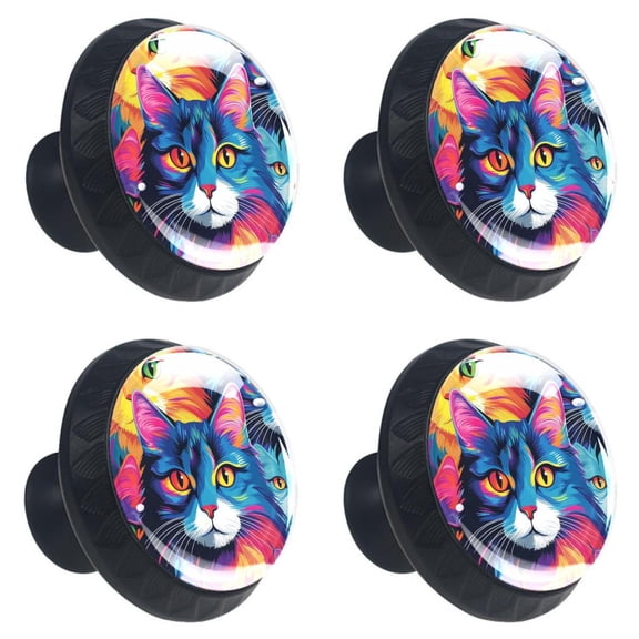 4 Pcs Colorful Seamless Cats Print Cabinet Knobs 30mm Round Crystal Glass Drawer Handles Pulls with Screws for Kitchen Cupboard Wardrobe Closet Dresser, Home&Office