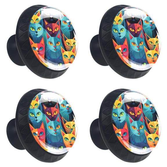 4 Pcs Colorful Seamless Cats Print Cabinet Knobs 30mm Round Crystal Glass Drawer Handles Pulls with Screws for Kitchen Cupboard Wardrobe Closet Dresser, Home&Office