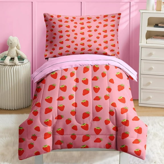 4 Pcs Comforter Set Toddler Size, Sweet Pink Fruit Bedding for Kids Teen, Cute Strawberry Bed Sheet with Pillowcase & Sham