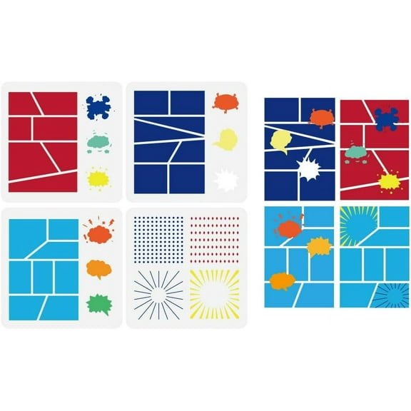 4 Pcs Comics Frame Stencil 5.9x5.9" Reusable Starburst Polka Dot Graffiti Pattern Stencil Comic Strip Frame Drawing Template DIY Decoration Stencil for Painting on Scrapbook Paper Book diy