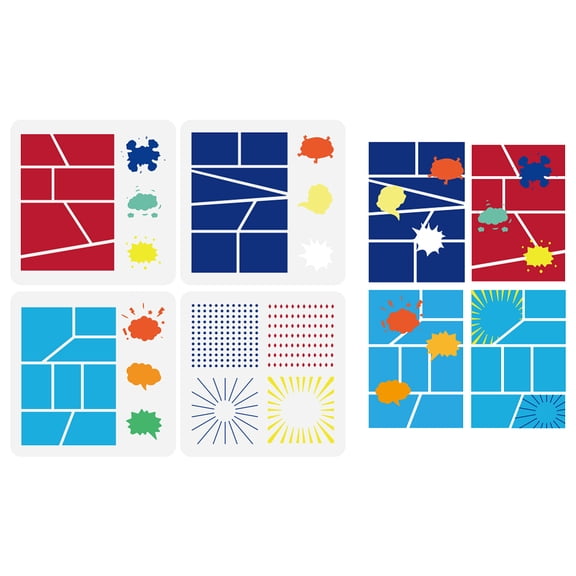 4 Pcs Comics Frame Stencil 5.9x5.9" Reusable Starburst Polka Dot Graffiti Pattern Stencil Comic Strip Frame Drawing Template DIY Decoration Stencil