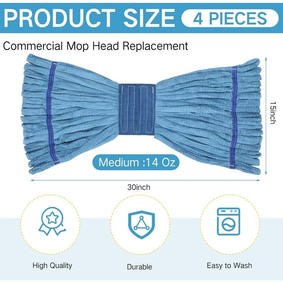 4 Pcs Commercial Mop Head Replacement Tube Microfiber Industrial Looped End Mop Heads Refill for Floor Cleaning for Home Commercial Industrial Use(Medium,Blue)
