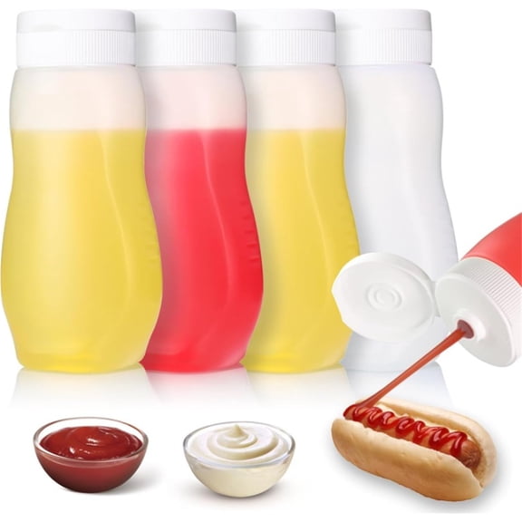 4 Pcs Condiment Squeeze Bottles,Transparent Plastic Food Packaging Bottles,Healthy and Safe Ketchup Seasoning Bottles,Kitchen Squirt Bottles for Liquids,High Temperature Resistant Condiment Bottles