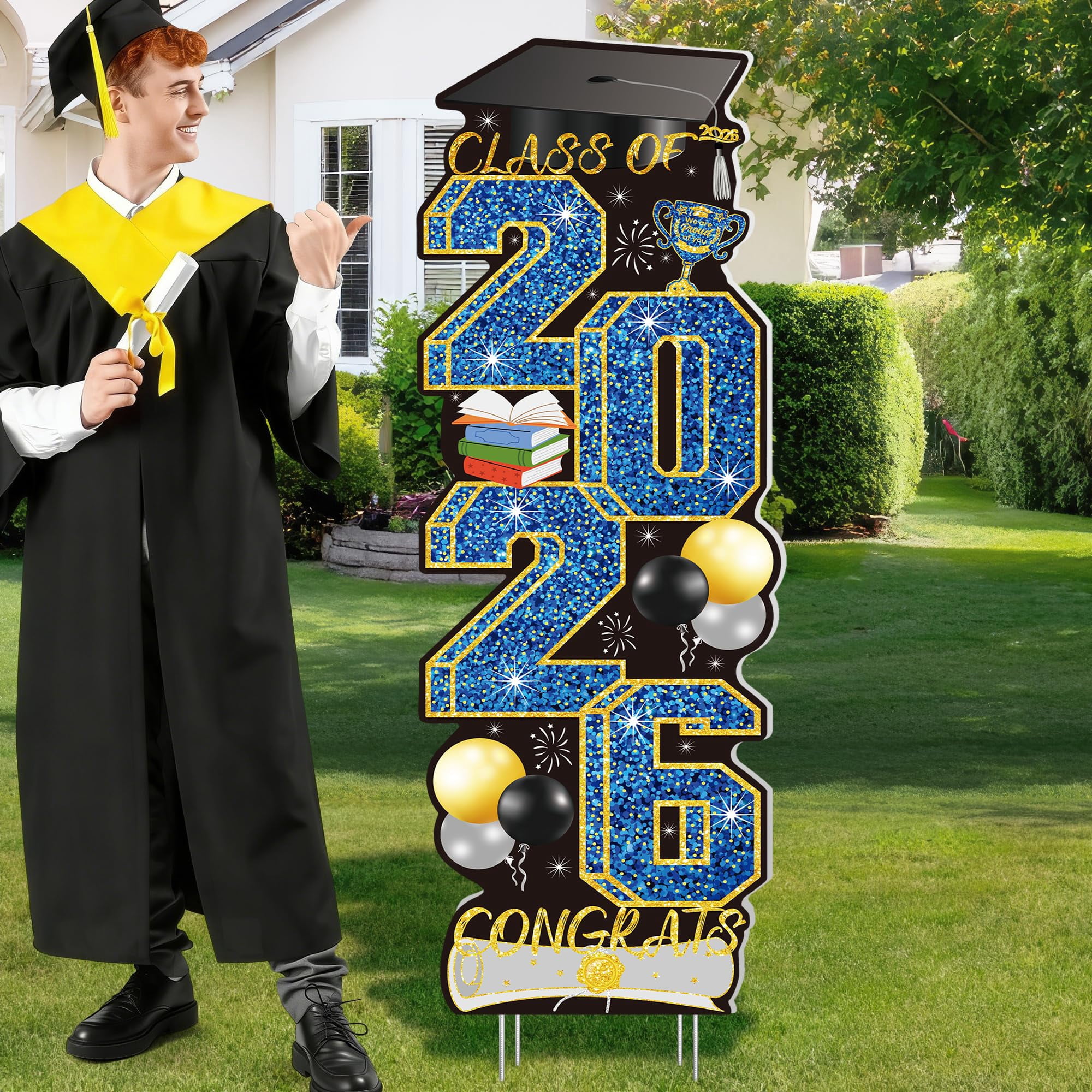 4 Pcs Congrats Grad Sign, Blue Graduation Yard Signs Class of 2026 with ...