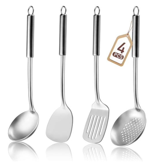 4 Pcs Cooking Utensils Set, Stainless Steel Kitchen Utensils, Kitchen Tools Set Include Solid & Slotted Turner Wok Spatula, Serving Spoon, Home Essentials Kitchen Gadgets Accessories