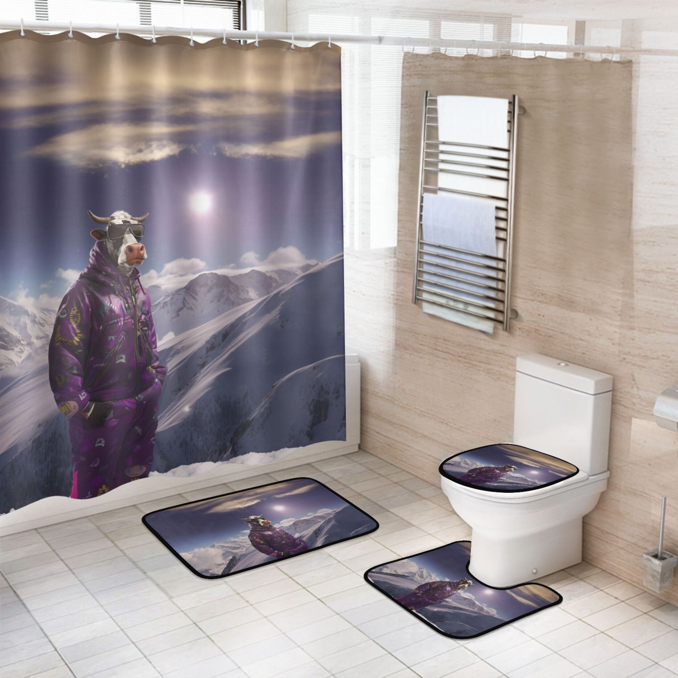 4 Pcs Cool Cow in Mountain Bathroom Shower Curtain Set with 12 Hooks