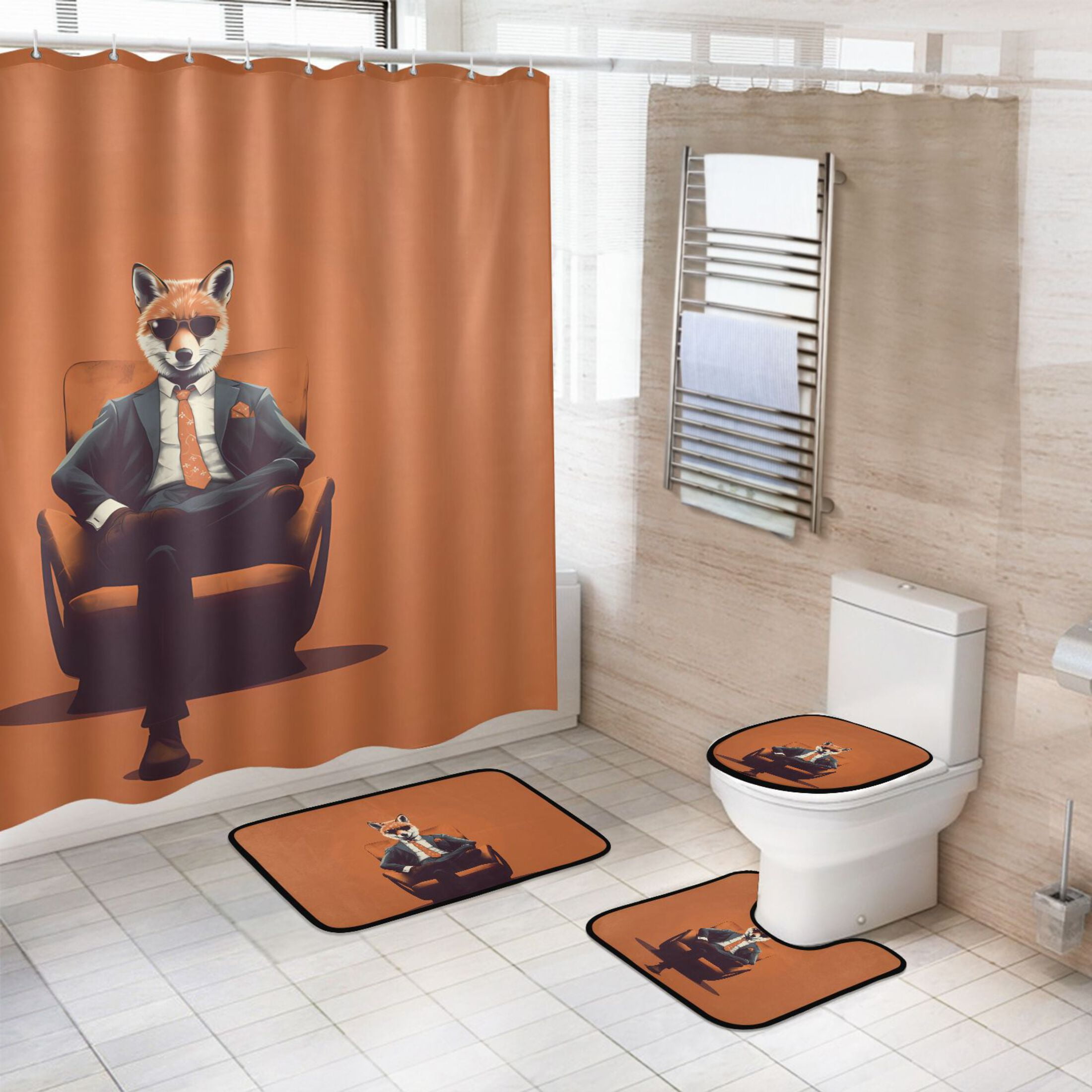 4 Pcs Cool Fox on Sofa Bathroom Shower Curtain Set with 12 Hooks Bath