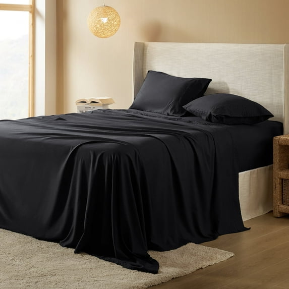 4 Pcs Cooling Bed Sheets Set with 16" Deep Pocket, Luxury Soft Full Sheets, Black