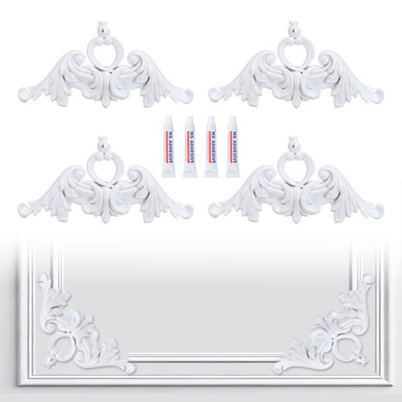 4 Pcs Corner Wall Molding, 7 in Decorative Corner Molding Panel French Style Floral Pattern Wall Trim Panel Kit with Nail-Free Glue for Cabinet Picture Frames, White