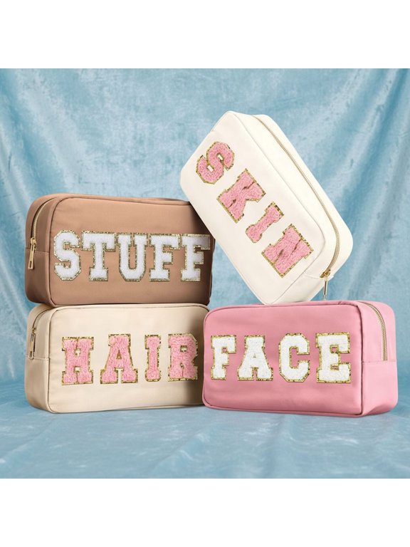 4 Pcs Cosmetic Bag Preppy Makeup Bags Chenille Letter Stuff Bag Nylon Cosmetic Pouch Cases with Zipper for Women Travel Toiletry
