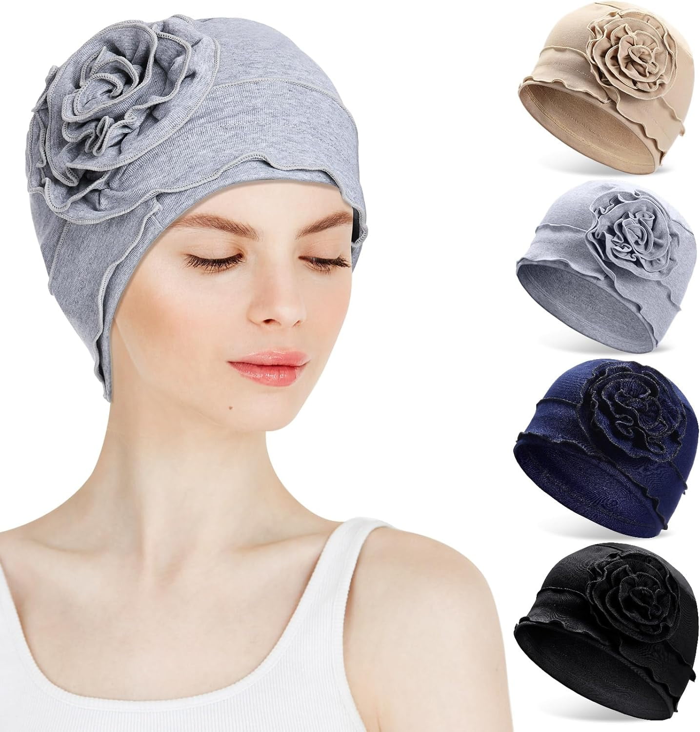 4 Pcs Cotton Spandex Chemo Headwear Turban Beanie Hats Elastic Hair Wraps Phogary, Chemo Headwear Turban Cap, Multicolor, 4 Pack  main image 2