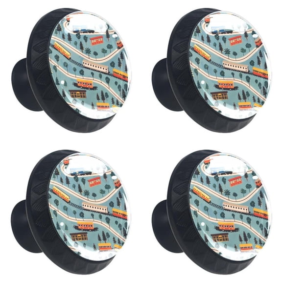 4 Pcs Countryside Train Print Cabinet Knobs 30mm Round Crystal Glass Drawer Handles Pulls with Screws for Kitchen Cupboard Wardrobe Closet Dresser, Home&Office
