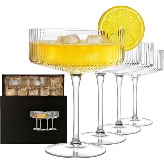 "4 Pcs Coupe Glasses, Hand Blown 10 oz Cocktail Glasses, Ribbed Martini Glasses, Gift Boxed Drinking Glasses Set Pefect for Espresso Martini, Manhattan, Cocktail, Wine, Champagne