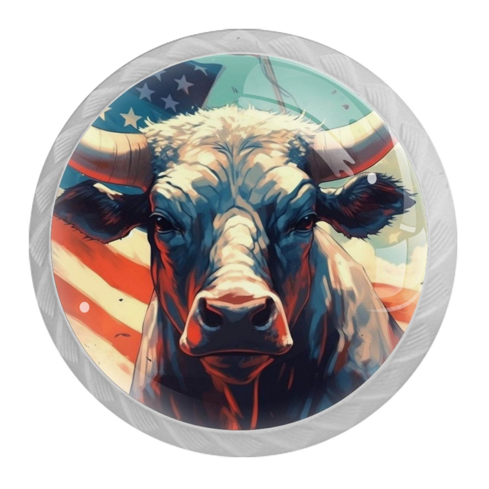 4 Pcs Cow American Flag Knobs for Kitchen Cabinet Cupboard Dresser Bookcase Drawer Pulls Handles Round Home Decor
