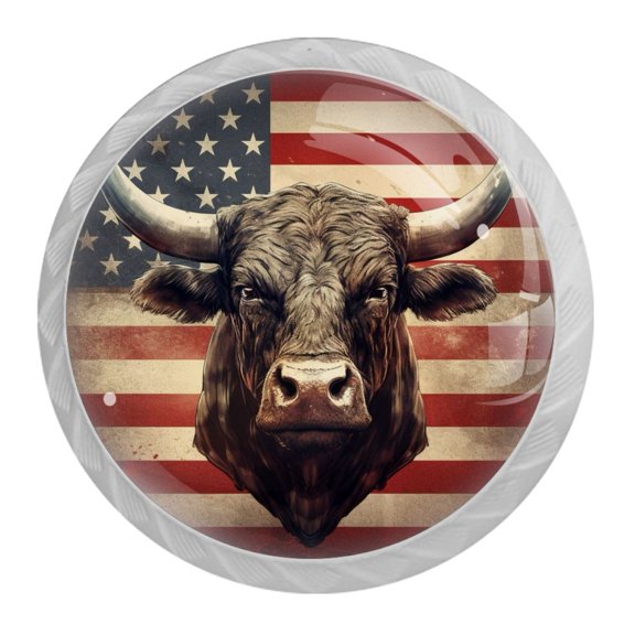 4 Pcs Cow American Flag Knobs for Kitchen Cabinet Cupboard Dresser Bookcase Drawer Pulls Handles Round Home Decor