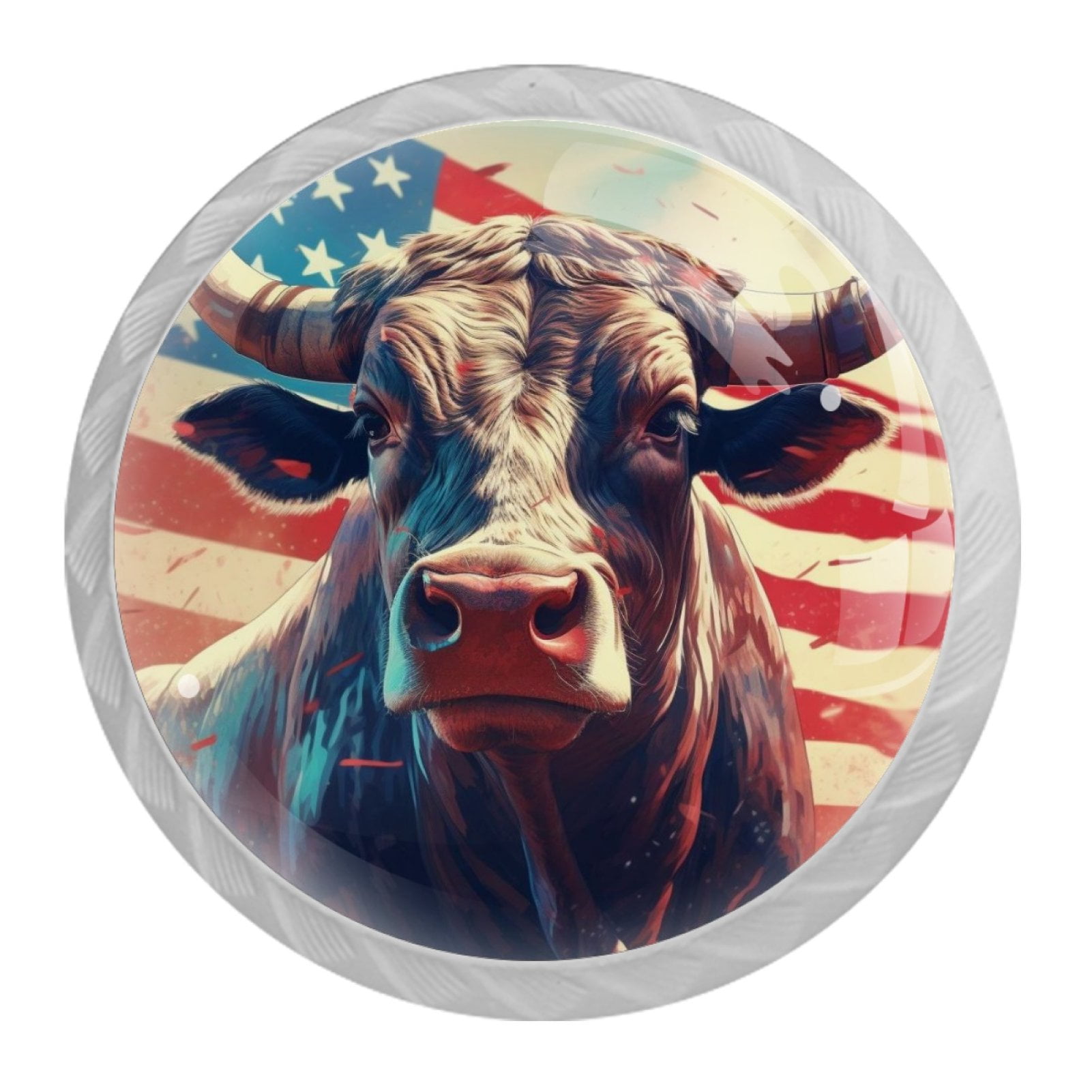 4 Pcs Cow American Flag Knobs for Kitchen Cabinet Cupboard Dresser Bookcase Drawer Pulls Handles Round Home Decor