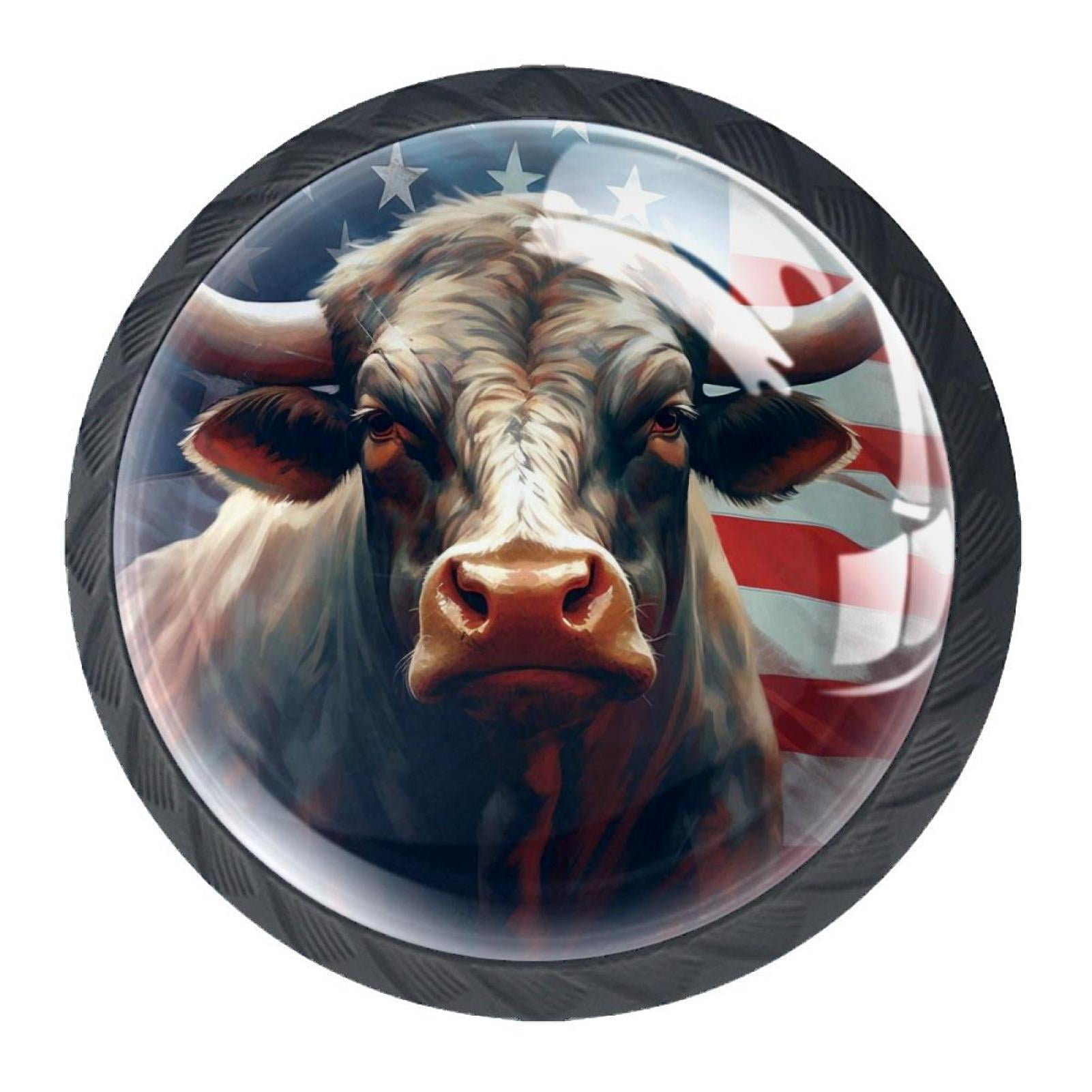 4 Pcs Cow American Flag Knobs for Kitchen Cabinet Cupboard Dresser Bookcase Drawer Pulls Handles Round Home Decor