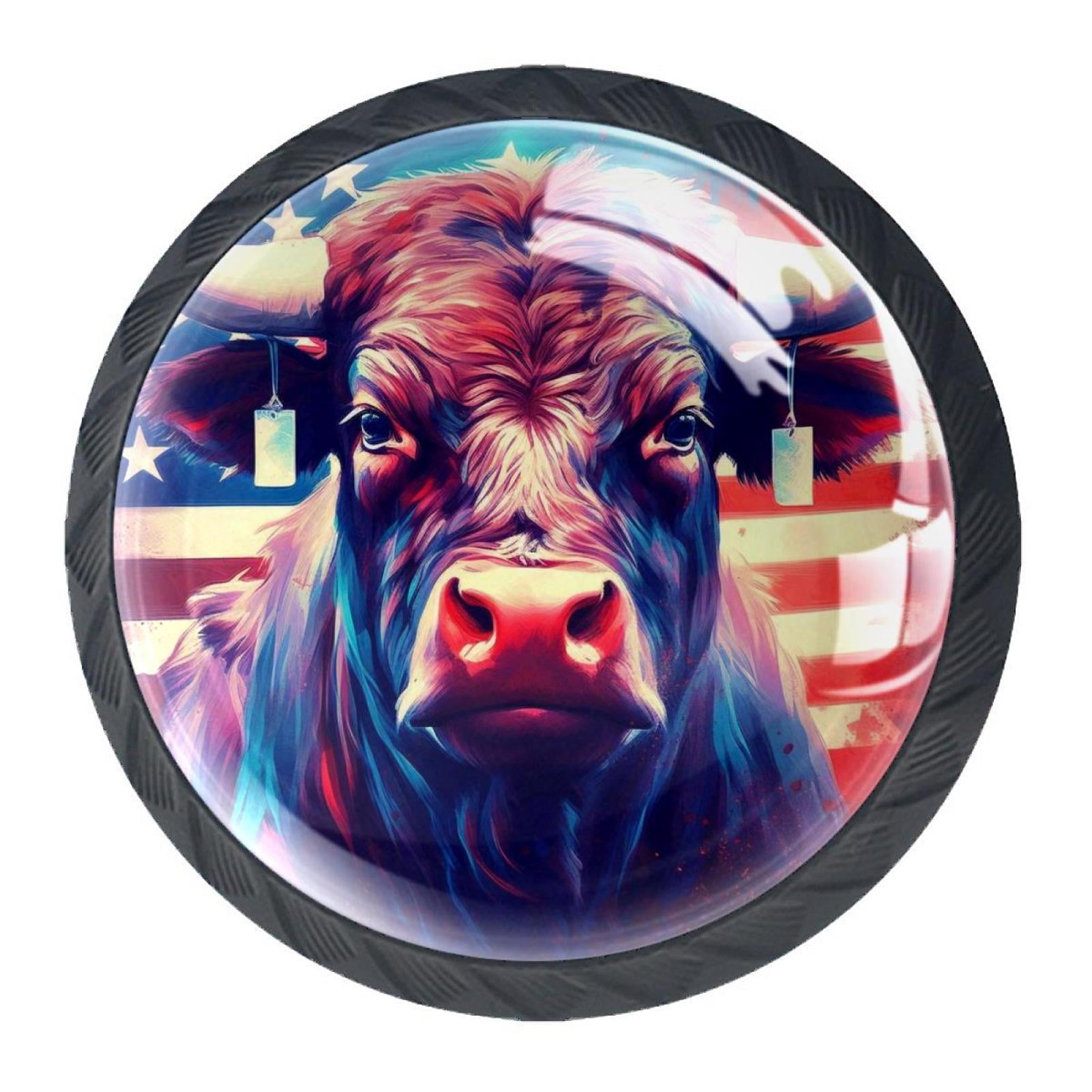 4 Pcs Cow American Flag Knobs for Kitchen Cabinet Cupboard Dresser Bookcase Drawer Pulls Handles Round Home Decor