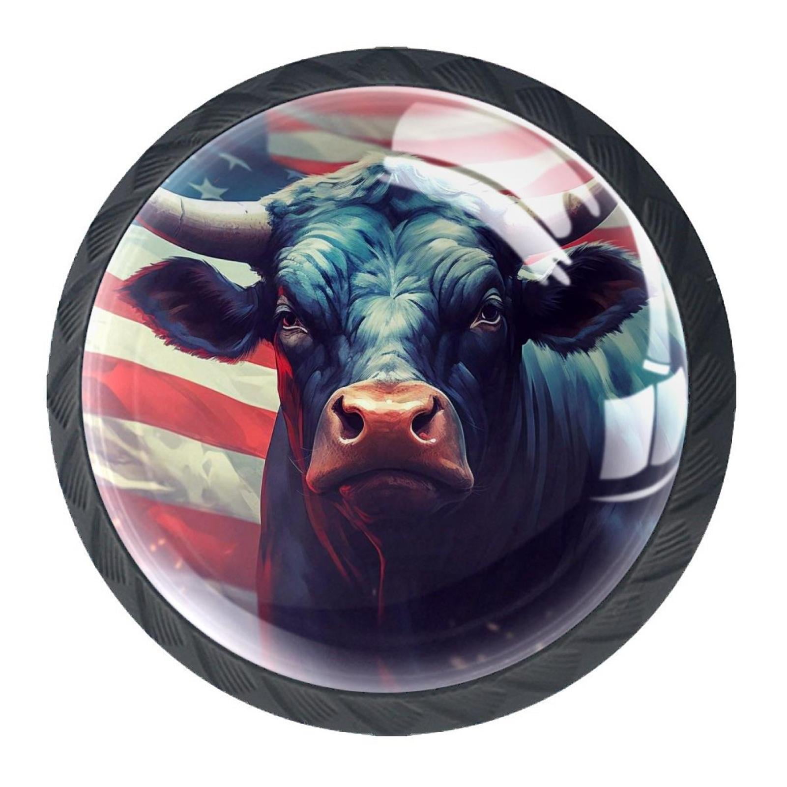 4 Pcs Cow American Flag Knobs for Kitchen Cabinet Cupboard Dresser Bookcase Drawer Pulls Handles Round Home Decor