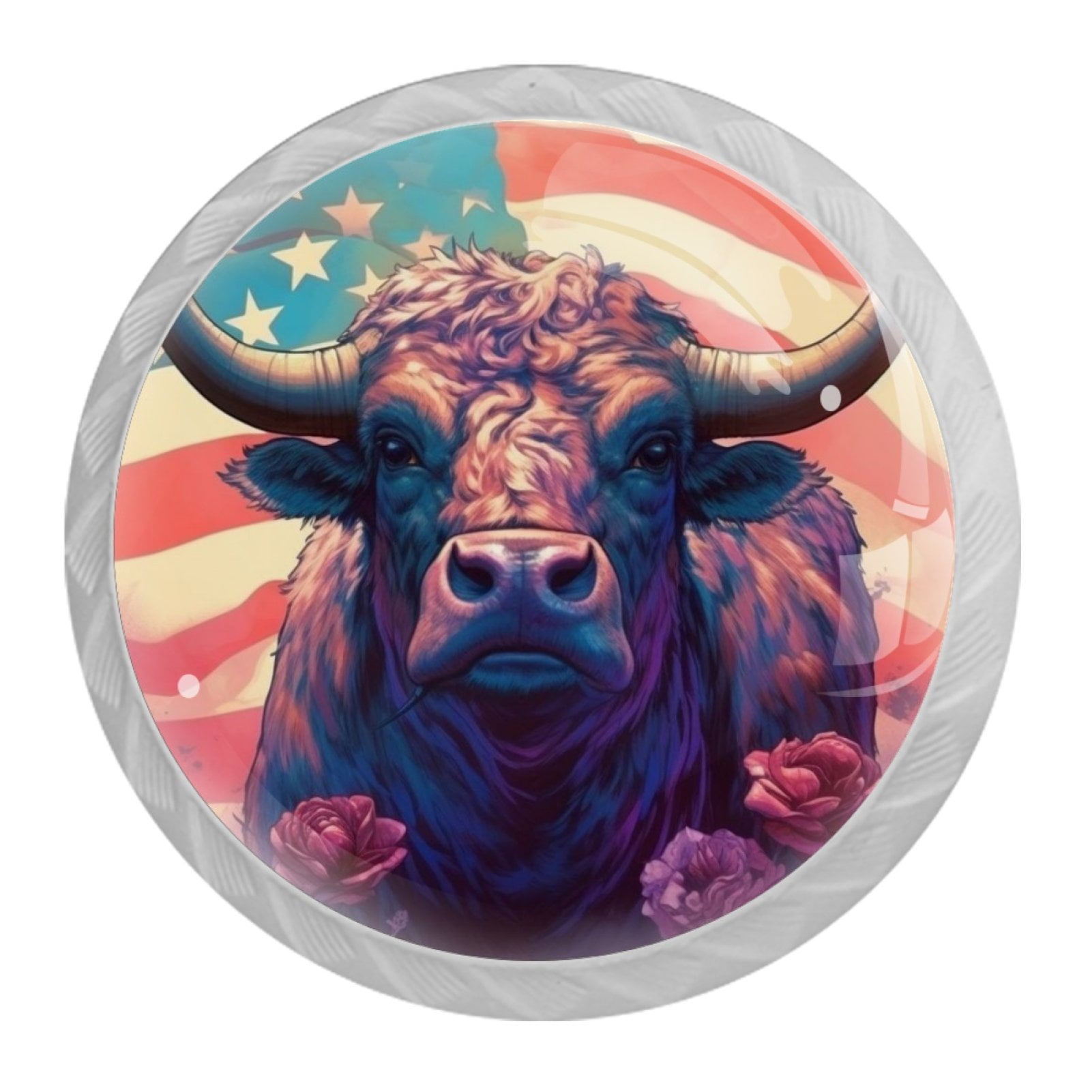 4 Pcs Cow American Flag Knobs for Kitchen Cabinet Cupboard Dresser Bookcase Drawer Pulls Handles Round Home Decor