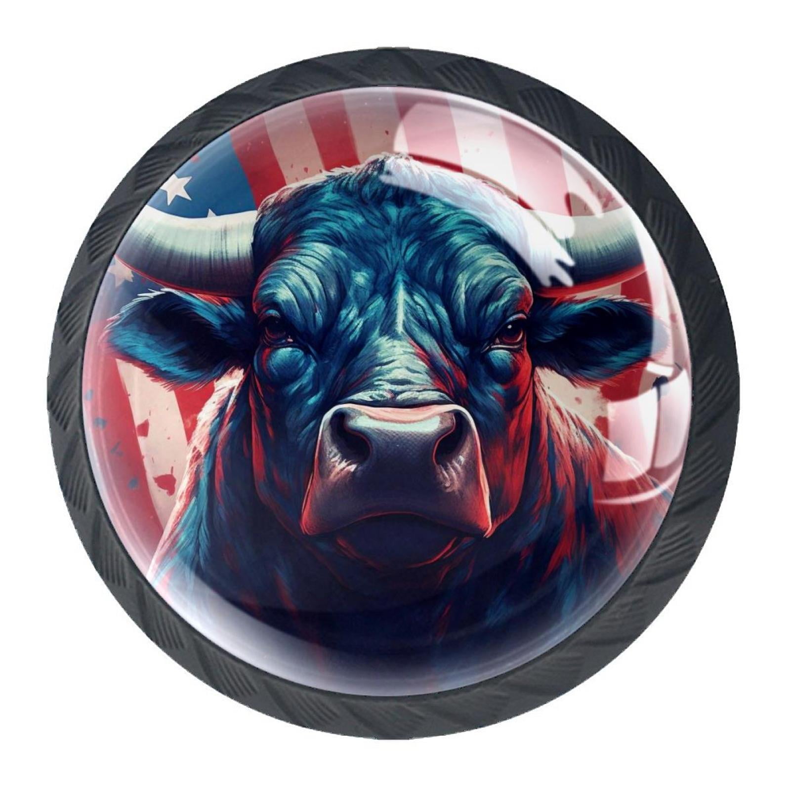 4 Pcs Cow American Flag Knobs for Kitchen Cabinet Cupboard Dresser Bookcase Drawer Pulls Handles Round Home Decor