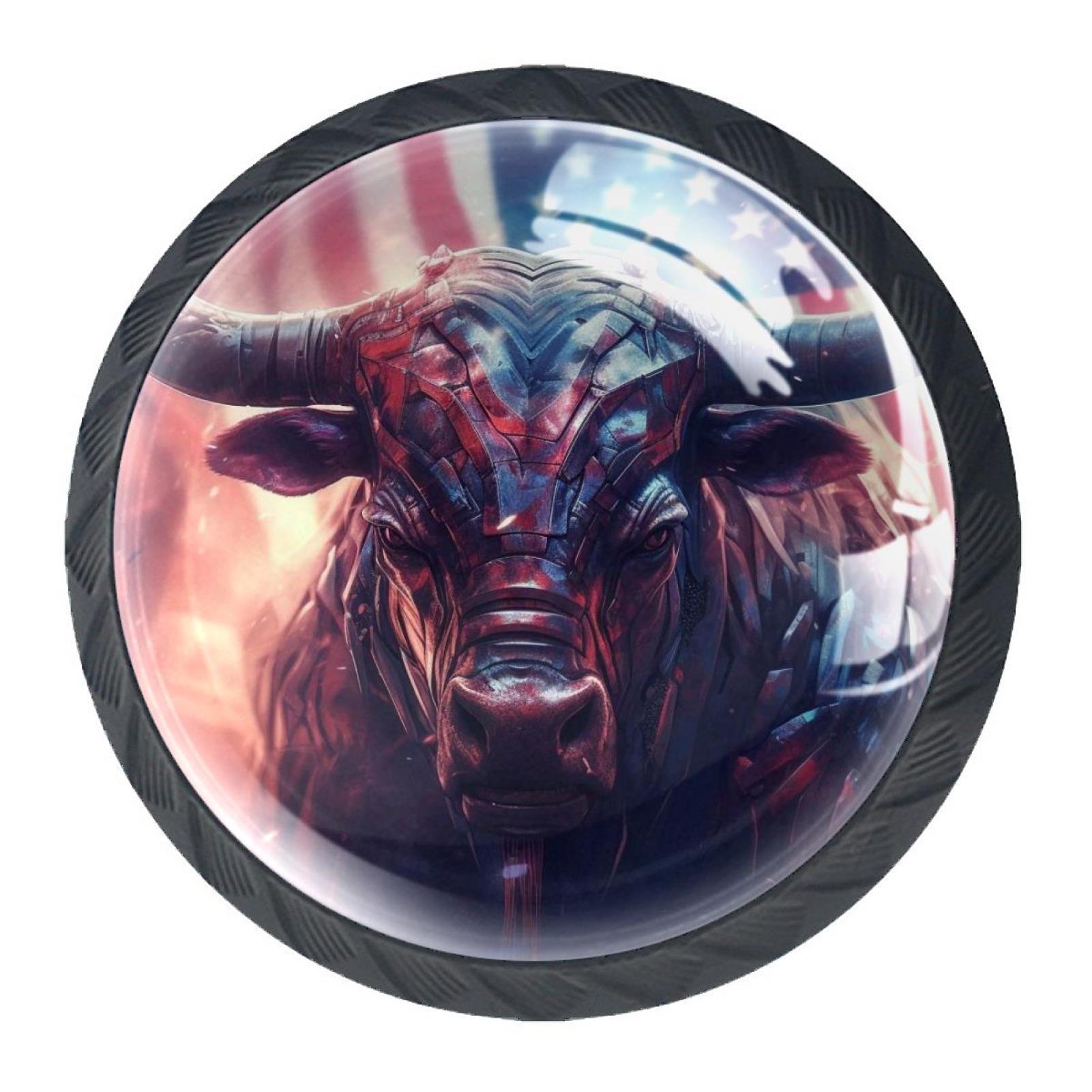 4 Pcs Cow American Flag Knobs for Kitchen Cabinet Cupboard Dresser Bookcase Drawer Pulls Handles Round Home Decor