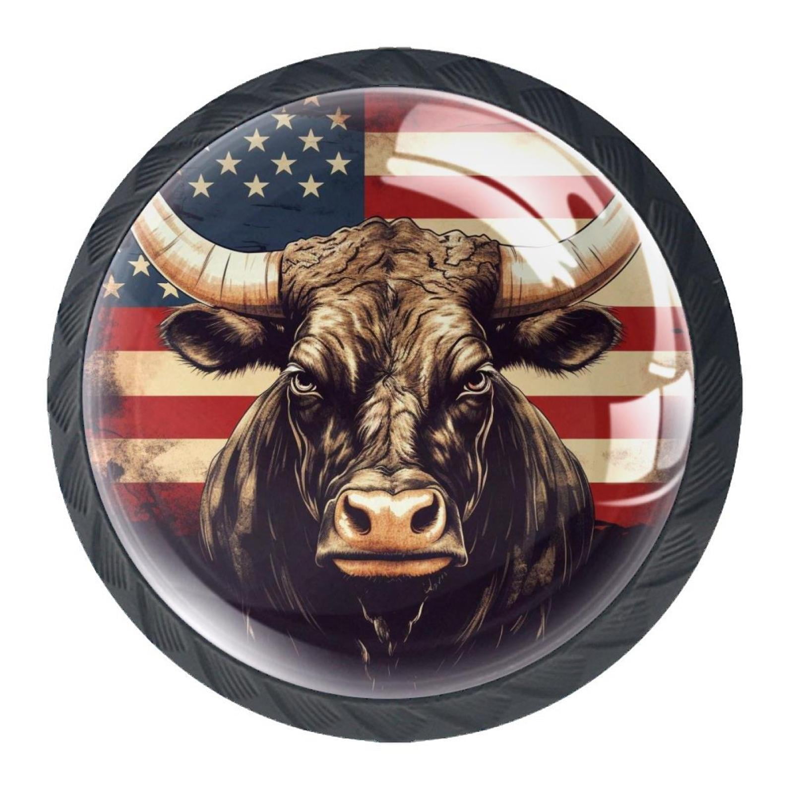 4 Pcs Cow American Flag Knobs for Kitchen Cabinet Cupboard Dresser Bookcase Drawer Pulls Handles Round Home Decor
