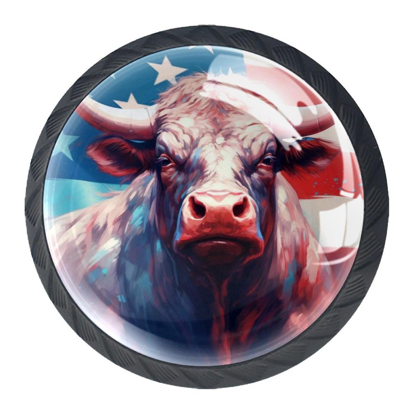4 Pcs Cow American Flag Knobs for Kitchen Cabinet Cupboard Dresser Bookcase Drawer Pulls Handles Round Home Decor