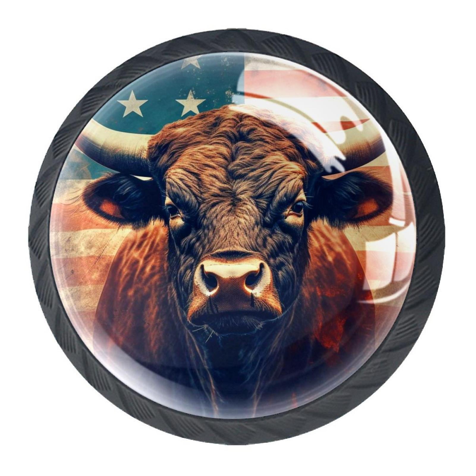4 Pcs Cow American Flag Knobs for Kitchen Cabinet Cupboard Dresser Bookcase Drawer Pulls Handles Round Home Decor