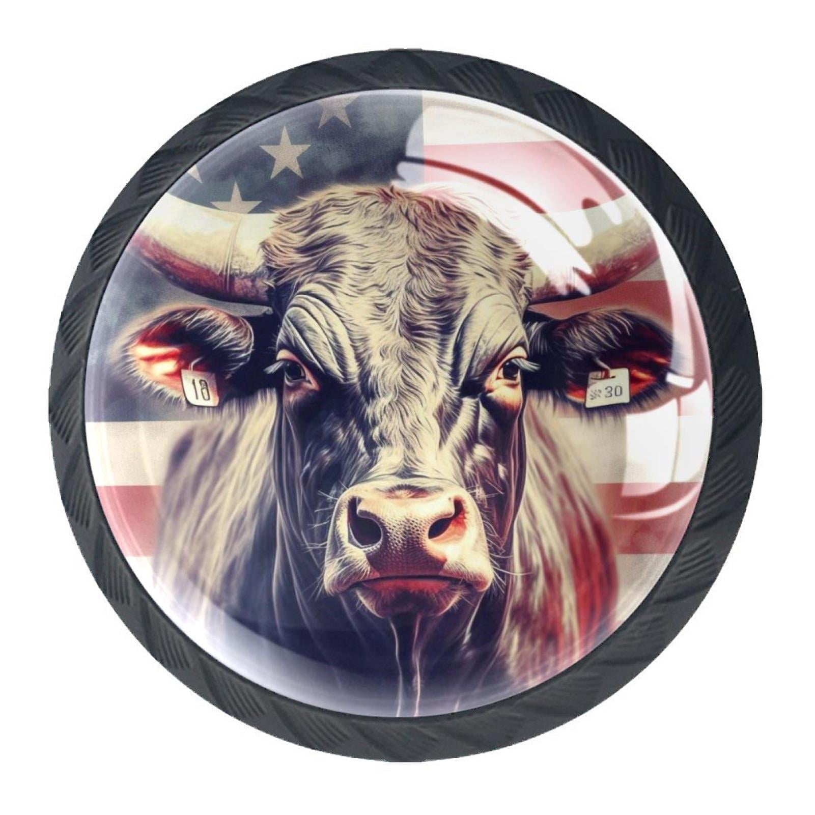 4 Pcs Cow American Flag Knobs for Kitchen Cabinet Cupboard Dresser Bookcase Drawer Pulls Handles Round Home Decor