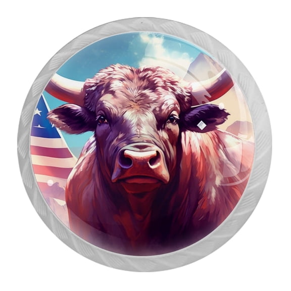 4 Pcs Cow American Flag Knobs for Kitchen Cabinet Cupboard Dresser Bookcase Drawer Pulls Handles Round Home Decor