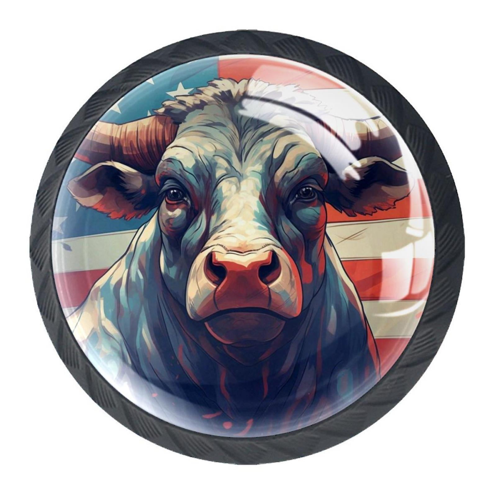 4 Pcs Cow American Flag Knobs for Kitchen Cabinet Cupboard Dresser Bookcase Drawer Pulls Handles Round Home Decor