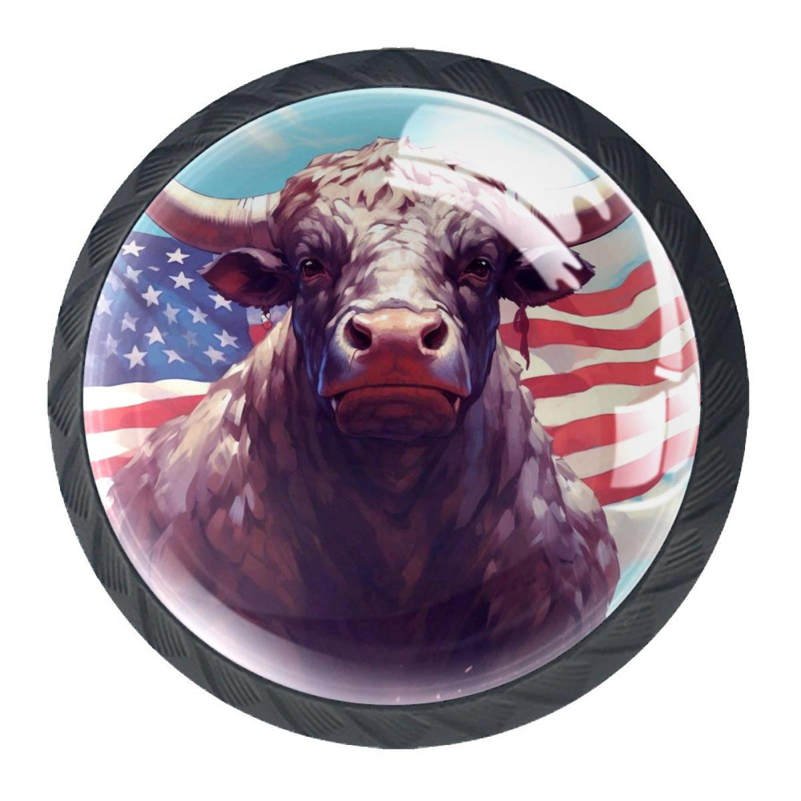 4 Pcs Cow American Flag Knobs for Kitchen Cabinet Cupboard Dresser Bookcase Drawer Pulls Handles Round Home Decor