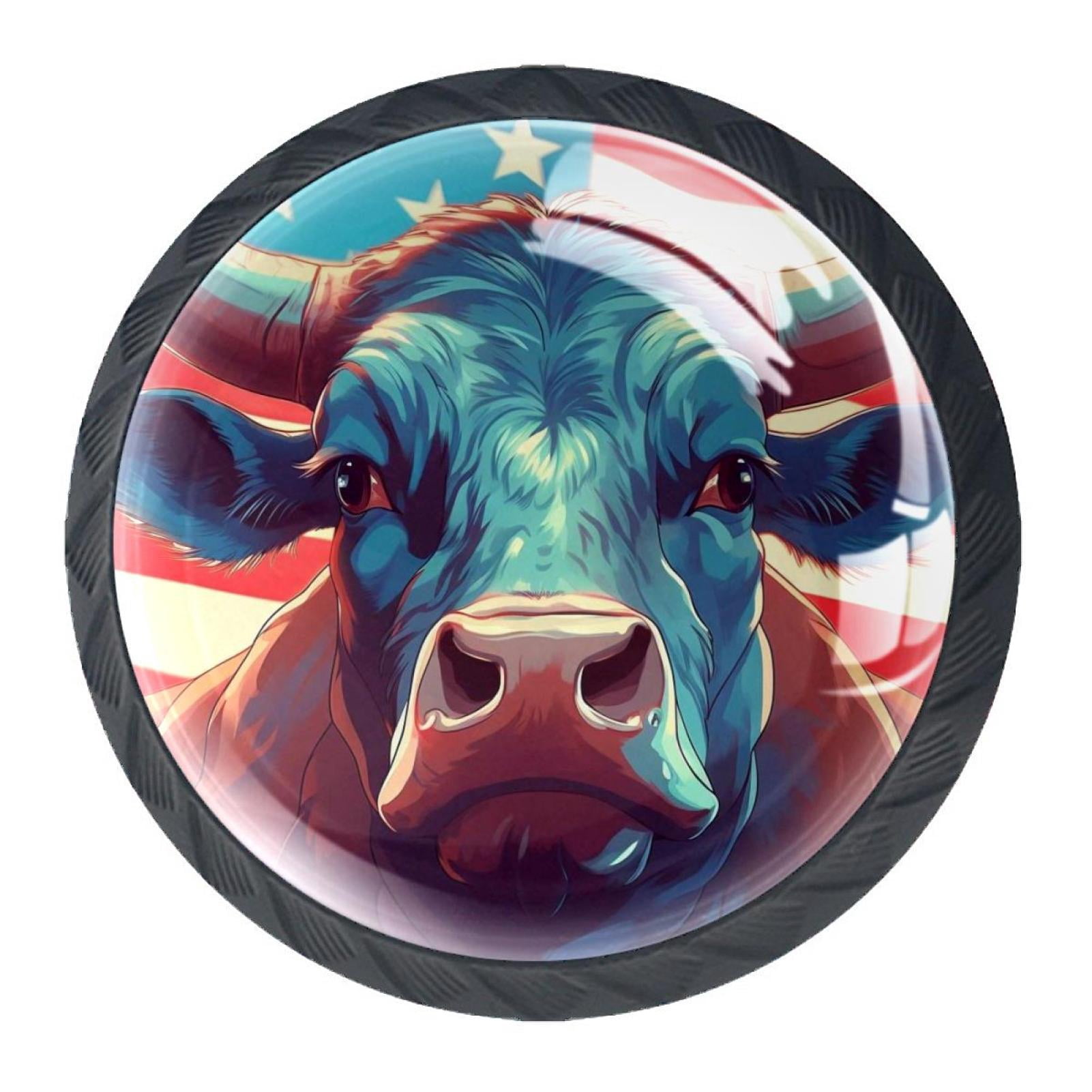 4 Pcs Cow American Flag Knobs for Kitchen Cabinet Cupboard Dresser Bookcase Drawer Pulls Handles Round Home Decor