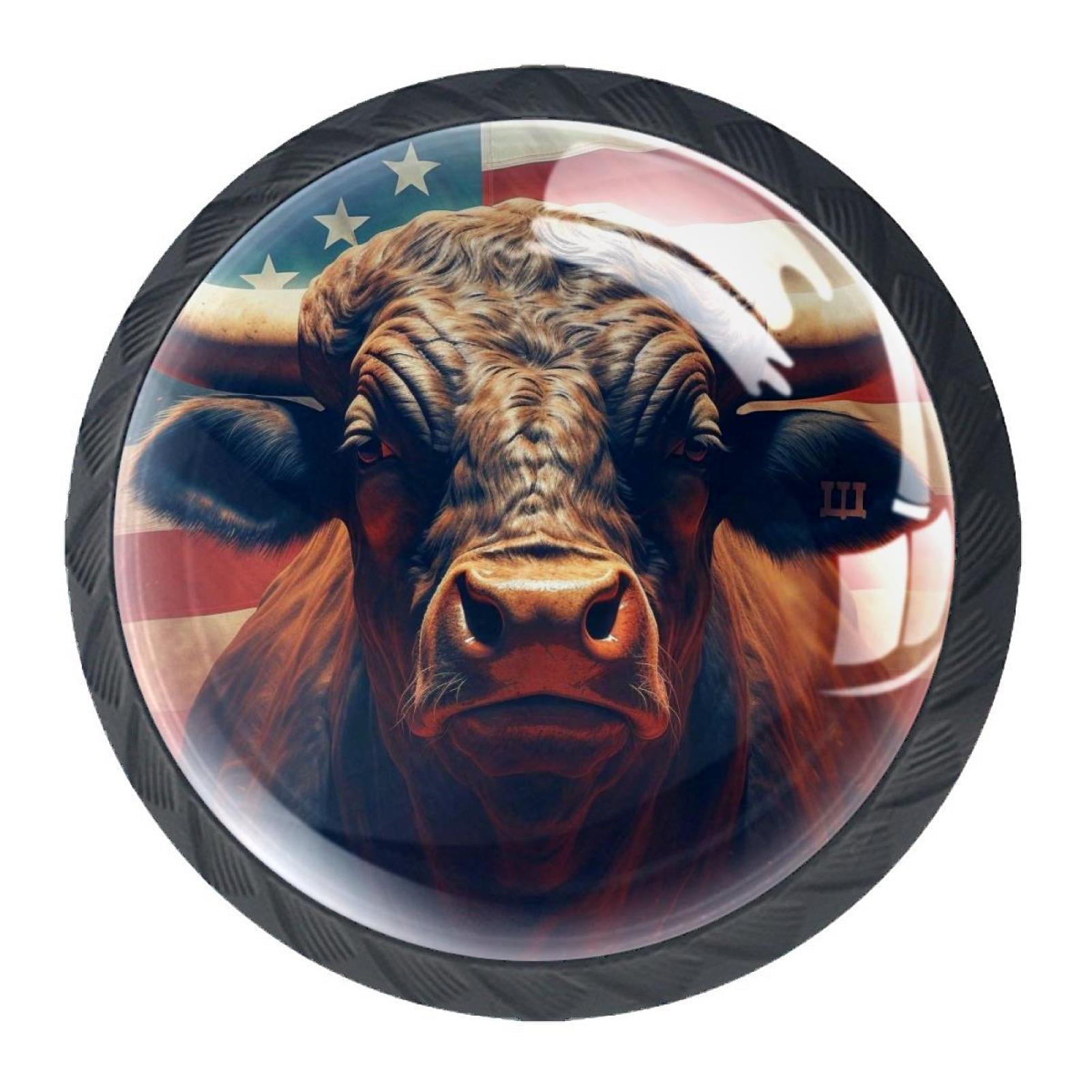 4 Pcs Cow American Flag Knobs for Kitchen Cabinet Cupboard Dresser Bookcase Drawer Pulls Handles Round Home Decor