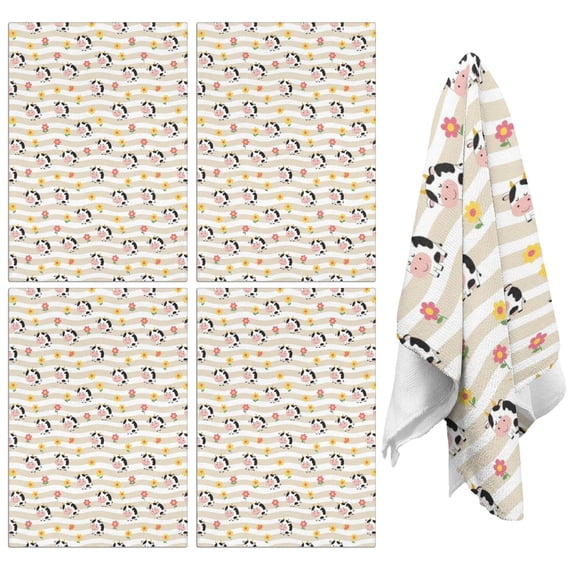 4 Pcs Cow and Flower Beige Pattern Funny Kitchen Towels, Microfiber Dish Towels, Kitchen Tea Towels Set 18" X 26"