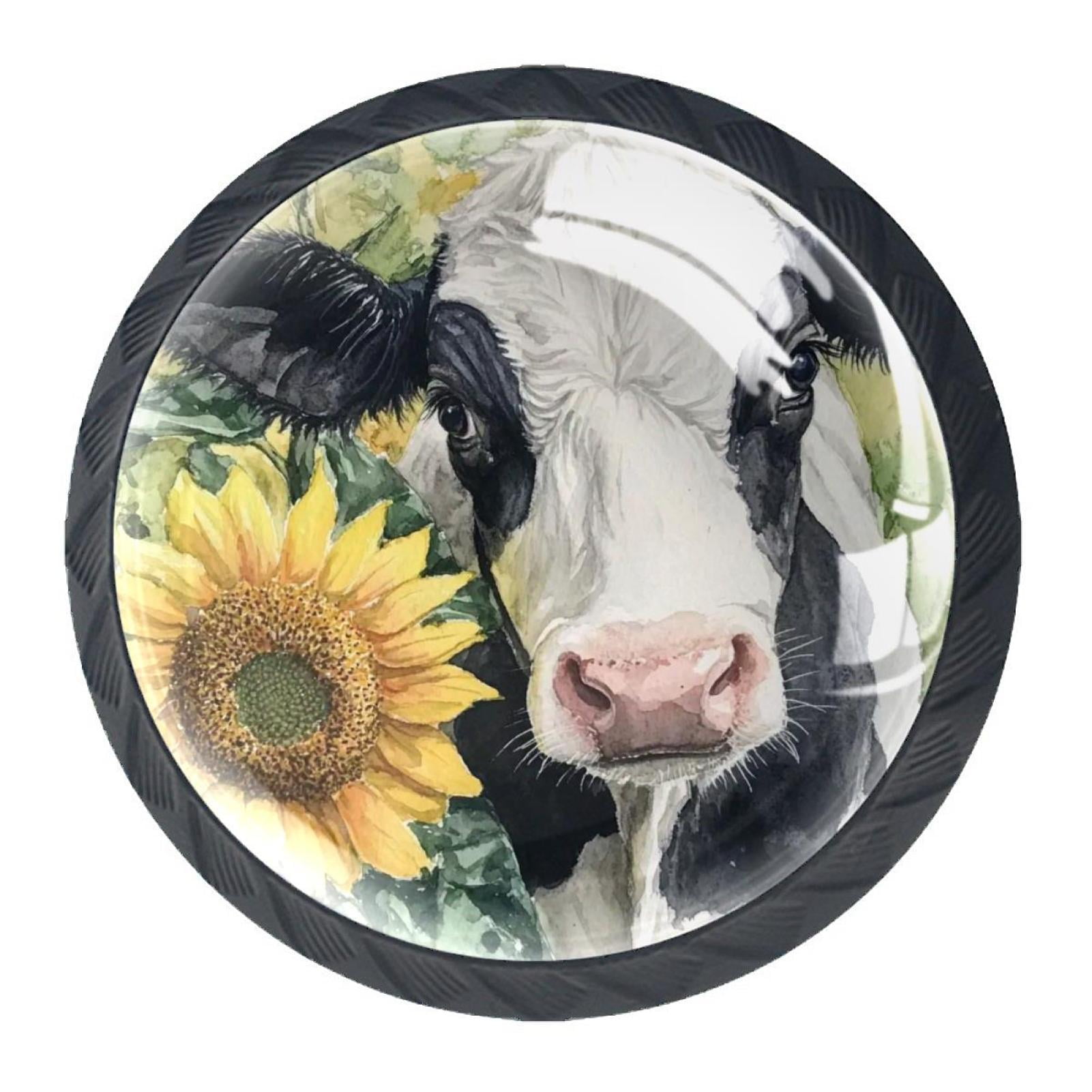 4 Pcs Cow and Sunflower Knobs for Kitchen Cabinet Cupboard Dresser Bookcase Drawer Pulls Handles Round Home Decor