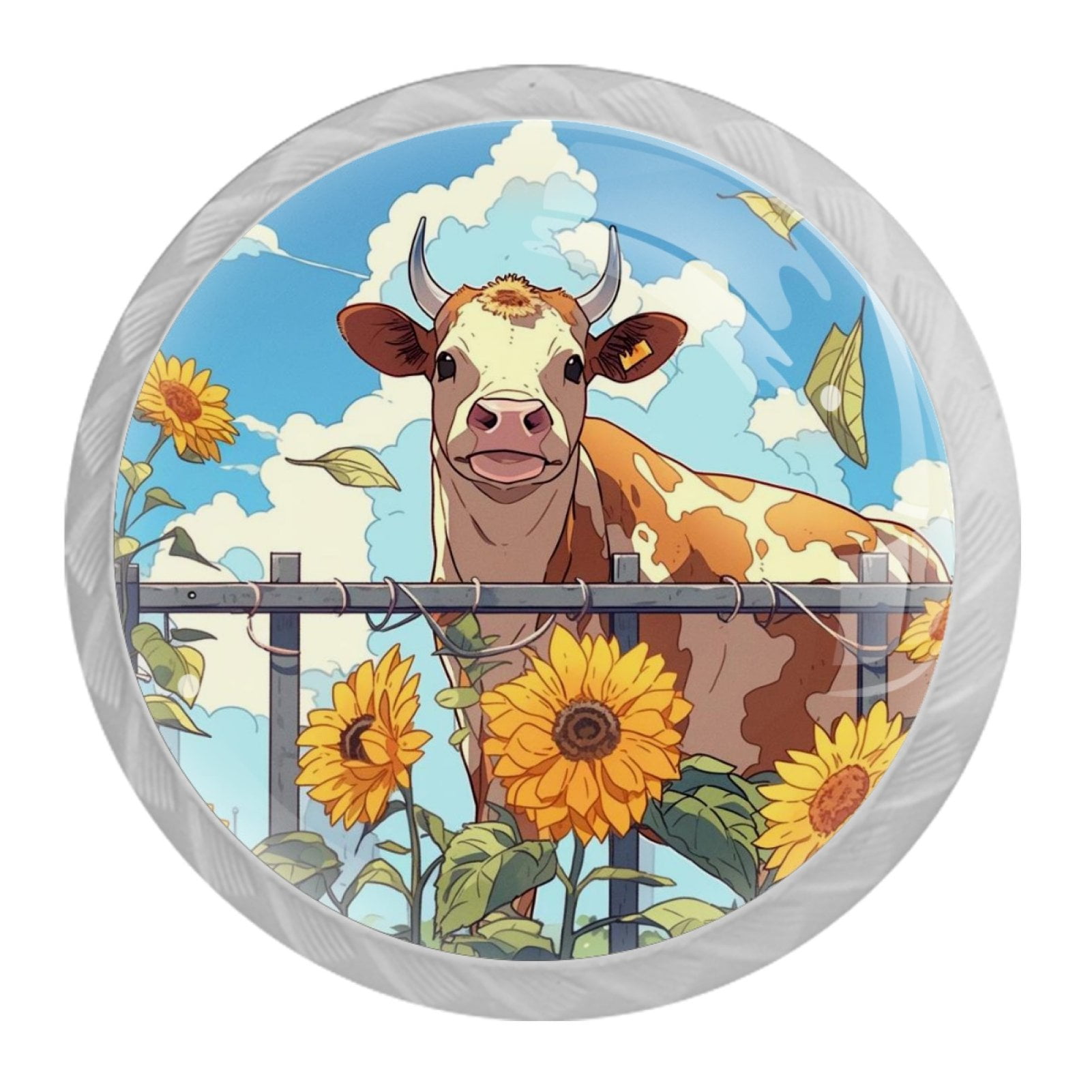 4 Pcs Cow and Sunflower Knobs for Kitchen Cabinet Cupboard Dresser Bookcase Drawer Pulls Handles Round Home Decor