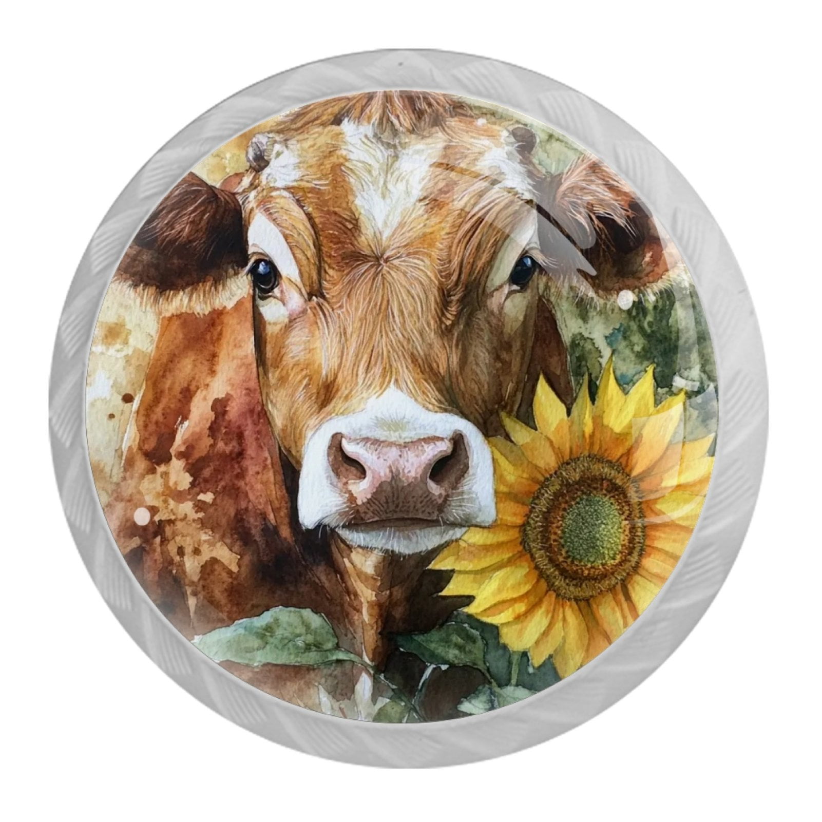 4 Pcs Cow and Sunflower Knobs for Kitchen Cabinet Cupboard Dresser Bookcase Drawer Pulls Handles Round Home Decor