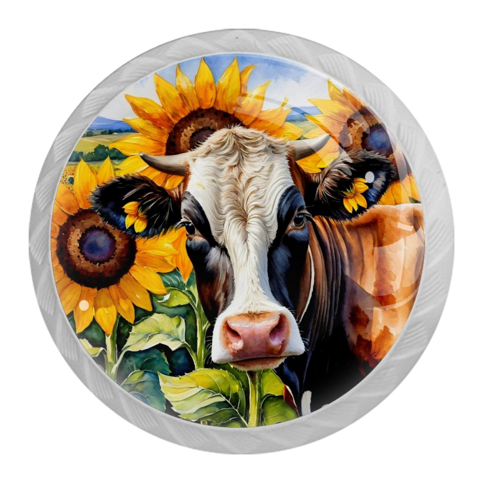 4 Pcs Cow and Sunflower Knobs for Kitchen Cabinet Cupboard Dresser Bookcase Drawer Pulls Handles Round Home Decor