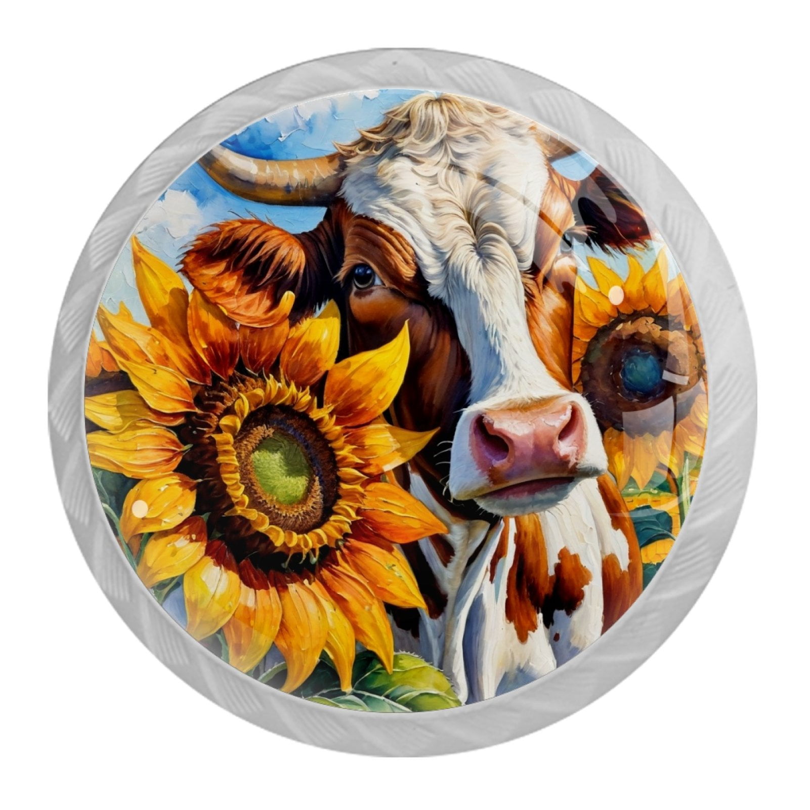 4 Pcs Cow and Sunflower Knobs for Kitchen Cabinet Cupboard Dresser Bookcase Drawer Pulls Handles Round Home Decor