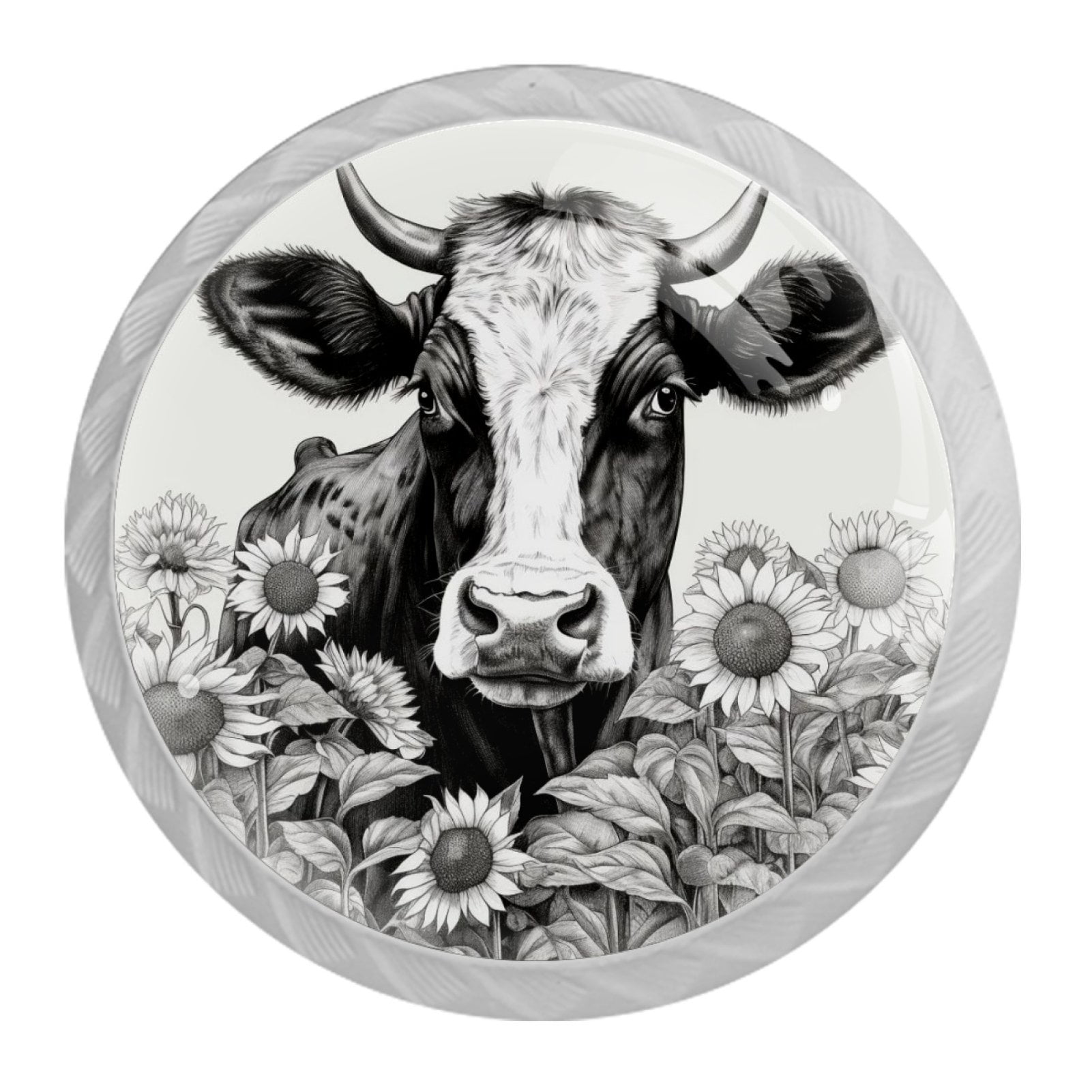 4 Pcs Cow and Sunflower Knobs for Kitchen Cabinet Cupboard Dresser Bookcase Drawer Pulls Handles Round Home Decor