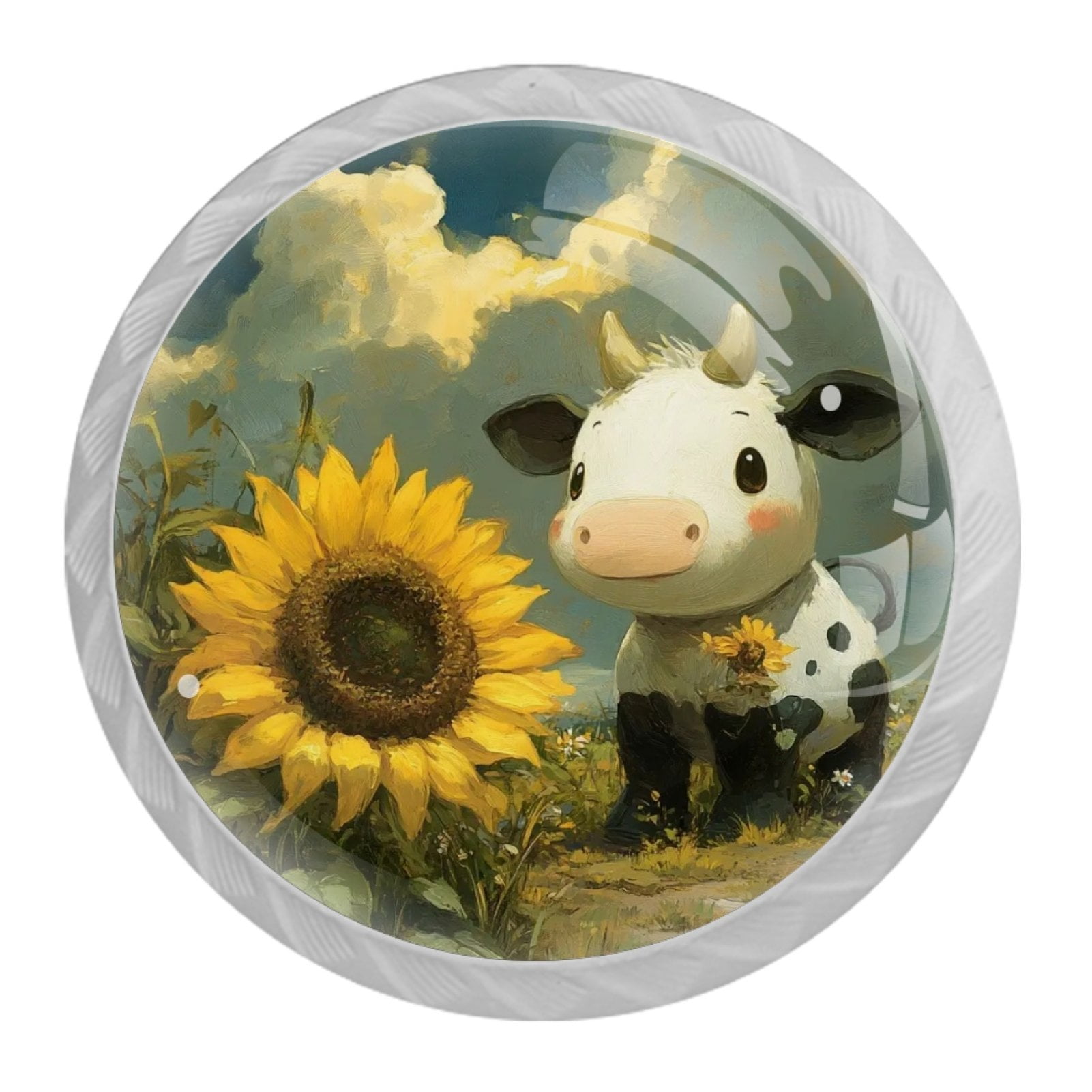 4 Pcs Cow and Sunflower Knobs for Kitchen Cabinet Cupboard Dresser Bookcase Drawer Pulls Handles Round Home Decor