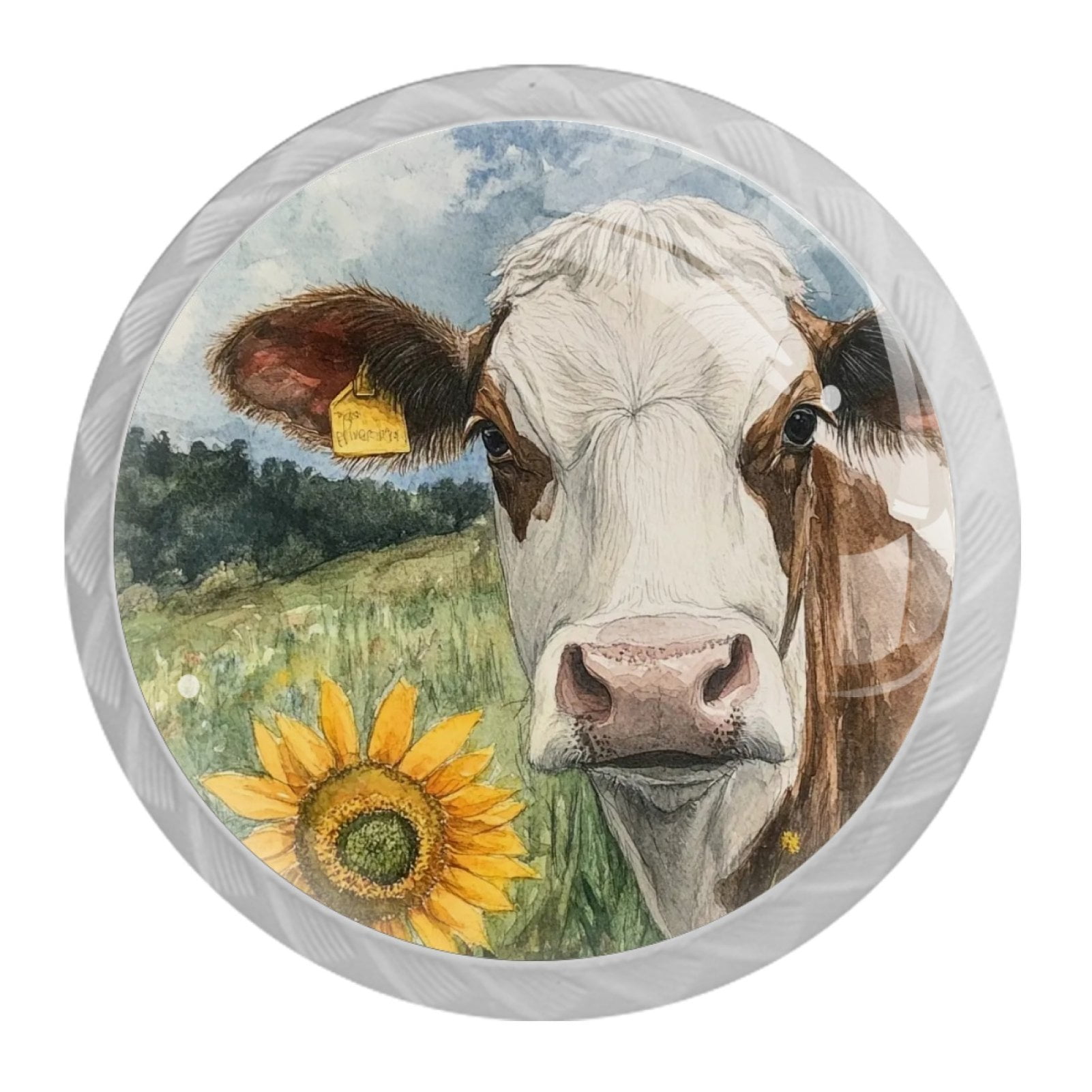 4 Pcs Cow and Sunflower Knobs for Kitchen Cabinet Cupboard Dresser Bookcase Drawer Pulls Handles Round Home Decor