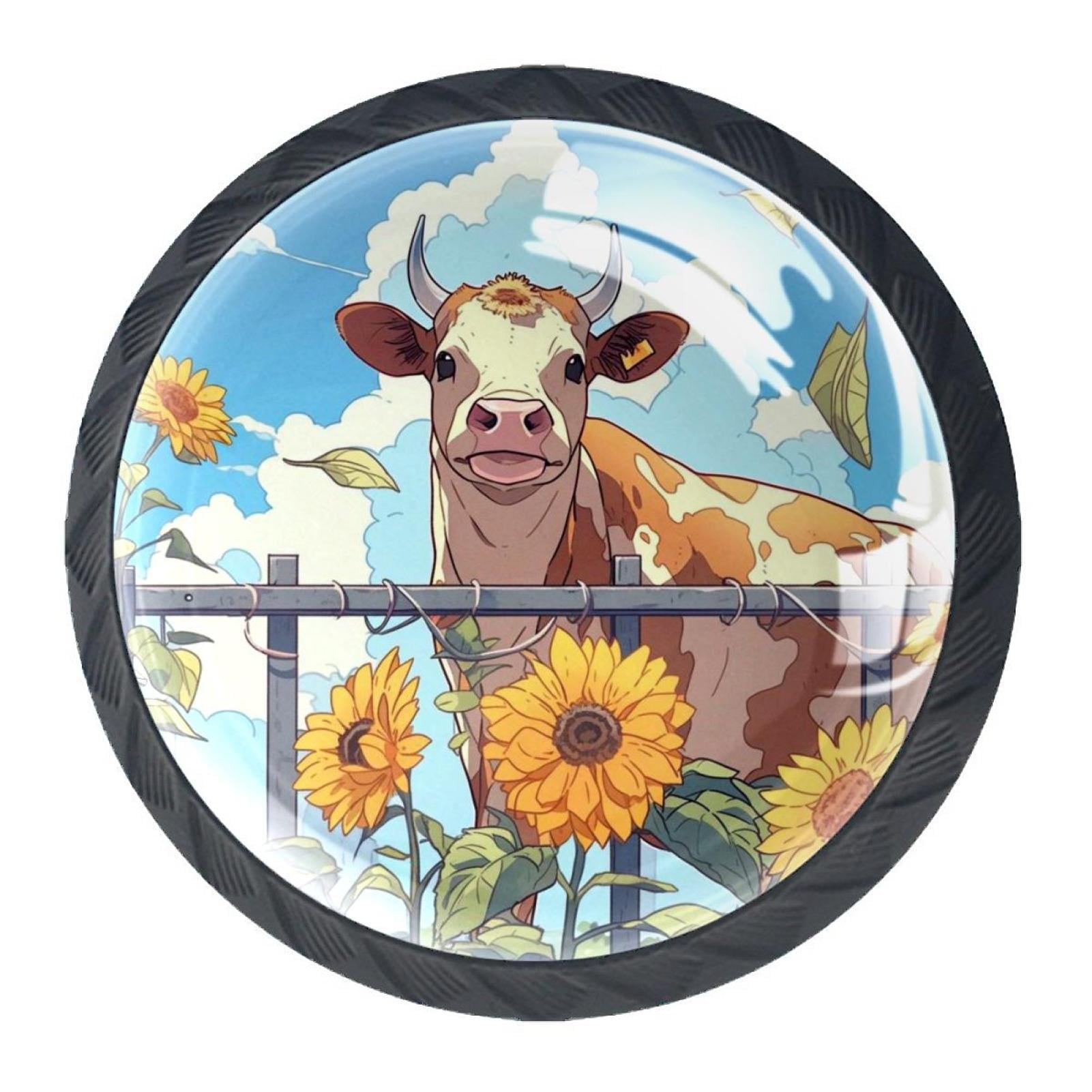 4 Pcs Cow and Sunflower Knobs for Kitchen Cabinet Cupboard Dresser Bookcase Drawer Pulls Handles Round Home Decor